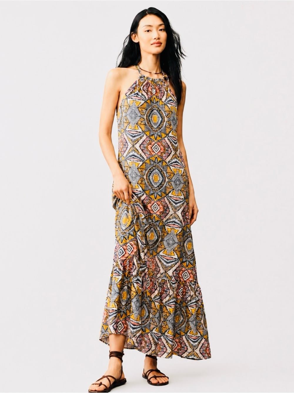 World Market Boho Tribal Print Halter Maxi Dress S/M Southwest Resort Vacation